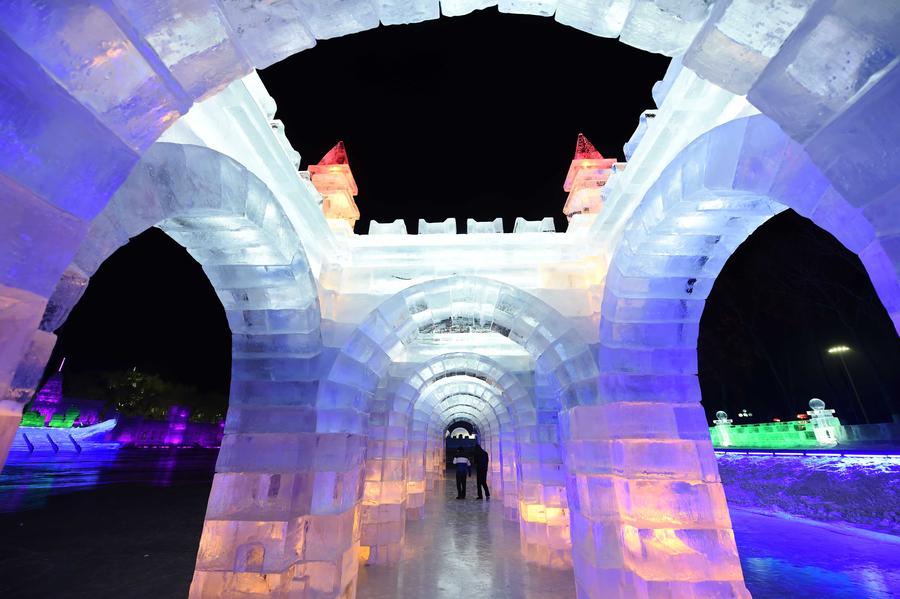 Night view of sculptures at snow expo in NE China