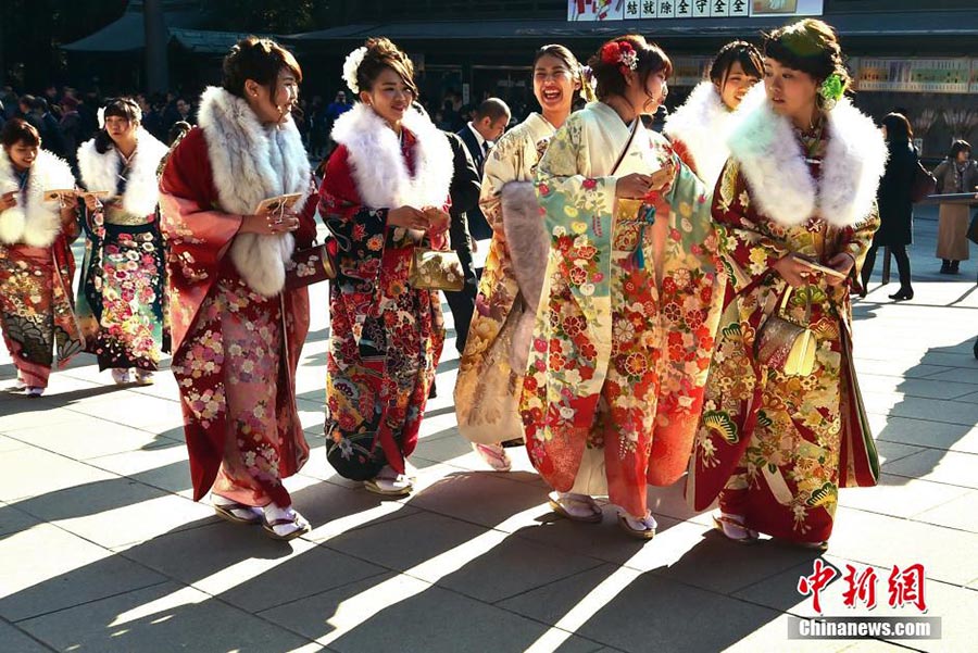 Japanese tour guides greet Coming of Age Day in Tokyo