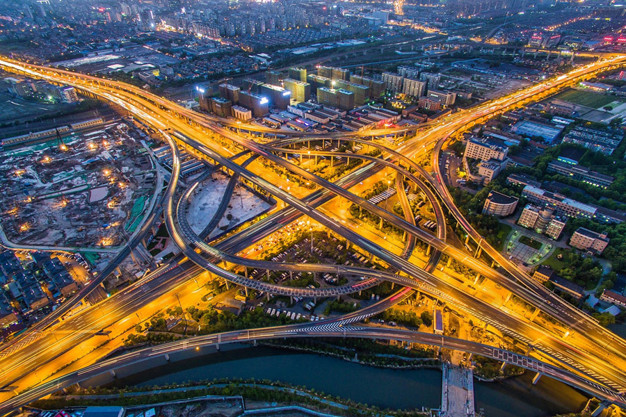 Overpass bridges in Hangzhou light up at night