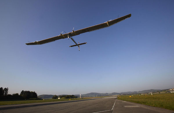 Solar-powered airplane test flight