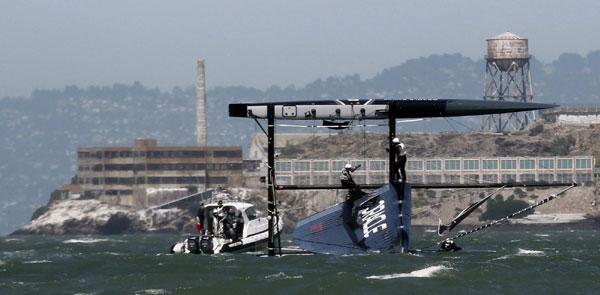 Sailing boat capsizes during America's Cup