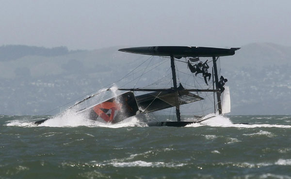 Sailing boat capsizes during America's Cup