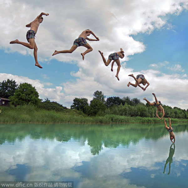 Catapulting into air to dive in lake