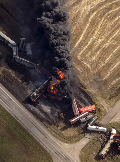 Train derails in Saskatchewan, catches fire