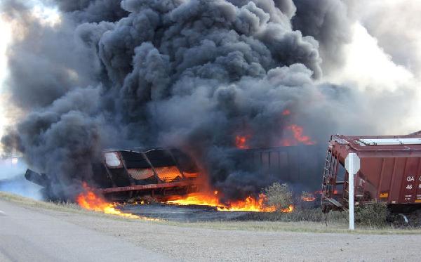 Train derails in Saskatchewan, catches fire