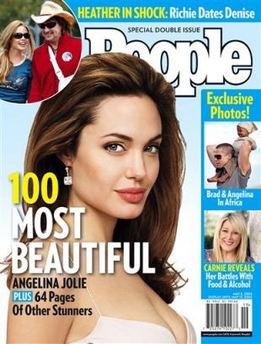 In this image made available by People Magazine, who supplied this photo, has put Angelina Jolie --seen in a photo by James White -- on the cover of their '100 Most Beautiful' special double issue which is on newstands Friday, April 28, 2006. [AP]