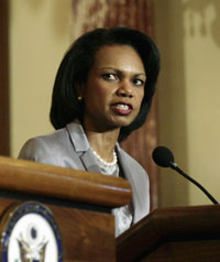 U.S. Secretary of State Condoleezza Rice speaks at a joint news conference with Spain's Foreign Minister Miguel Angel in Washington June 19, 2006. [Reuters]