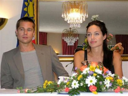 Brad Pitt and Angelina Jolie address a press conference held for the Namibian press exclusively in a hotel in the Namibian city of Swakopmund, Wednesday, June 7, 2006. The couple thanked the Namibian people for their hospitality during the birth of their daughter Shiloh. (AP Photo