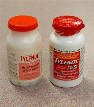 Bottles of Tylenol products are seen on Oct. 31, 2005, at a drugstore in Fort Washington, Pa. (AP Photo/Bradley C Bower) 