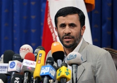 President Mahmoud Ahmadinejad speaks during a press conference in Tehran, Iran, Tuesday, Aug. 29, 2006. Iran's hard-line president on Tuesday challenged the authority of the U.N. Security Council, saying no one can prevent his country from having a peaceful nuclear program. (AP 