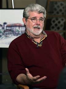 University of Southern California alumnus George Lucas is shown with an artist's rendering of a new building at the USC School of Cinematic Arts, a result of a $175 million donation from the Lucasfilm Foundation, following groundbreaking ceremonies on the campus in Los Angeles Wednesday, Oct. 4, 2006. (AP Photo