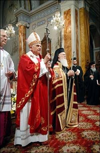 Pope Benedict XVI(L) and Ecumenical Orthodox Patriarch Bartholomew celebrate a mass at the Holy Spirit Cathedral in Istanbul, November. Harsh words from the Vatican over plans to grant legal status to gay couples have drawn an angry reaction from Italy's left wing, which bristled over 