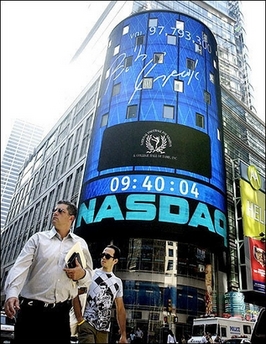 The Nasdaq market site in New York's Times Square. Ed Balls, seen as the closest ally of Britain's finance chief Gordon Brown, has hinted that he would back a takeover of the London Stock Exchange by Nasdaq.(AFP