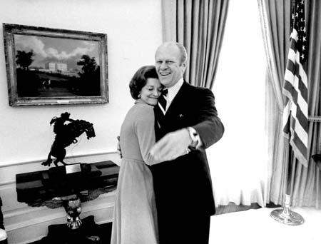 Former U.S. President Gerald Ford embraces his wife, former first lady Betty Ford, in the White House Oval Office, in this December 6, 1974 file photo. Ford, the oldest living U.S. president at 93, died on December 26, 2006.Former U.S. President Gerald Ford embraces his wife, former first lady Betty Ford, in the White House Oval Office, in this December 6, 1974 file photo. Ford, the oldest living U.S. president at 93, died on December 26, 2006.[Reuters]