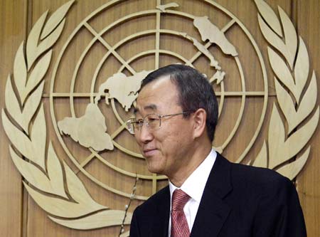 New U.N. Secretary-General Ban Ki-Moon waits to greet Russian Ambassador to the U.N. Vitaly Churkin at the United Nations headquarters in New York January 2, 2007. 