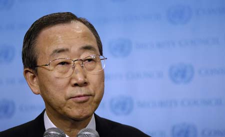 New U.N. Secretary-General Ban Ki-moon speaks on the first day of a five-year term at the United Nations in New York January 2, 2007, replacing Kofi Annan who left office after ten years. 