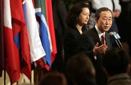 New U.N. Secretary-General Ban Ki-moon speaks to members of the media on the first day of a five-year term outside the U.N. Security Council chamber shortly after arriving at U.N. headquarters in New York January 2, 2007. 