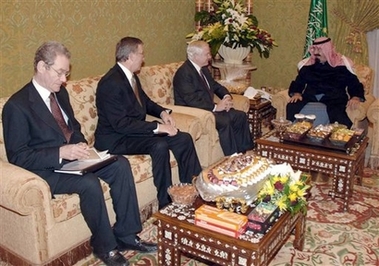 In this photo released by the Saudi News Agency, King Abdullah bin Abdul Aziz al-Saud of Saudi Arabia, right meets with U.S. Secretary of Defense Robert Gates, third right after his arrival in Riyadh Wednesday, Jan. 17, 2007.