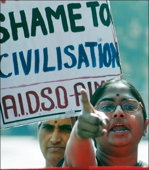 Members of the All India Democratic Students Organisation (AIDSO) stage a protest against the Noida case of mass murder of children, in Hyderabad, southern India, January 2007.(