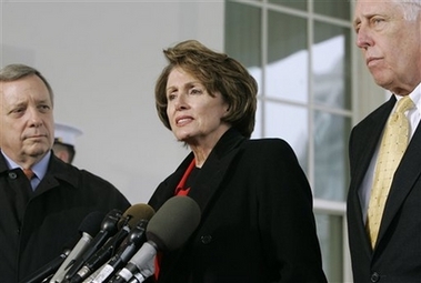 House Speaker Nancy Pelosi of Calif., center, flanked by Sen. Richard Durbin, D-Ill., left, and House Majority Leader Steny Hoyer of Md., speaks to reporters outside the White House in Washington, Wednesday, March 7, 2007. (AP 