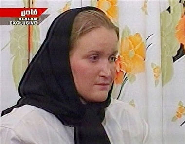 Faye Turney, 26, the only woman amongst the British navy personnel seized by Iran, appears in this image made from television, in footage broadcast by Al-Alam, an Arabic-language, Iranian state-run television station, in Tehran, Wednesday March 28, 2007. Wearing a white tunic and with a black headscarf draped loosely over her hair, Turney said 'Obviously we trespassed'.(AP