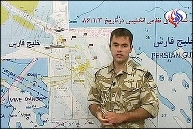 A video grab taken from the Iranian Arabic-speaking television station Al-Alam shows a British sailor speaking in front of a chart of the Gulf waters. Britain and Iran were engaged in direct talks over 15 detained British naval personnel, both sides said Sunday, but high emotions threatened to derail diplomatic efforts as Tehran showed new television footage of the captives.