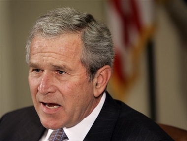 President Bush makes remarks to the press after a meeting on the 'No Child Left Behind' initiative, Thursday, April 12, 2007, in the Roosevelt Room of the White House in Washington. (AP 