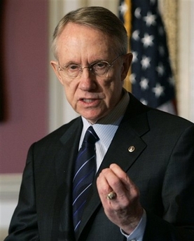 Senate Majority Leader Harry Reid of Nev. gestures during a news conference on Capitol Hill in Washington, Monday, April 16, 2007. (AP 