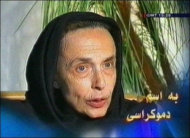 An image grab taken from footage broadcast 16 July 2007 by the Islamic Republic of Iran News Network shows US-Iranian Haleh Esfandiari talking to a camera at an unidentified place and time in Iran.