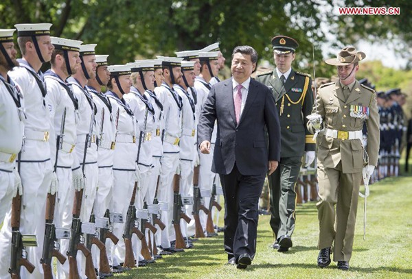 Xi attends welcoming ceremony by Australian Governor-General Cosgrove