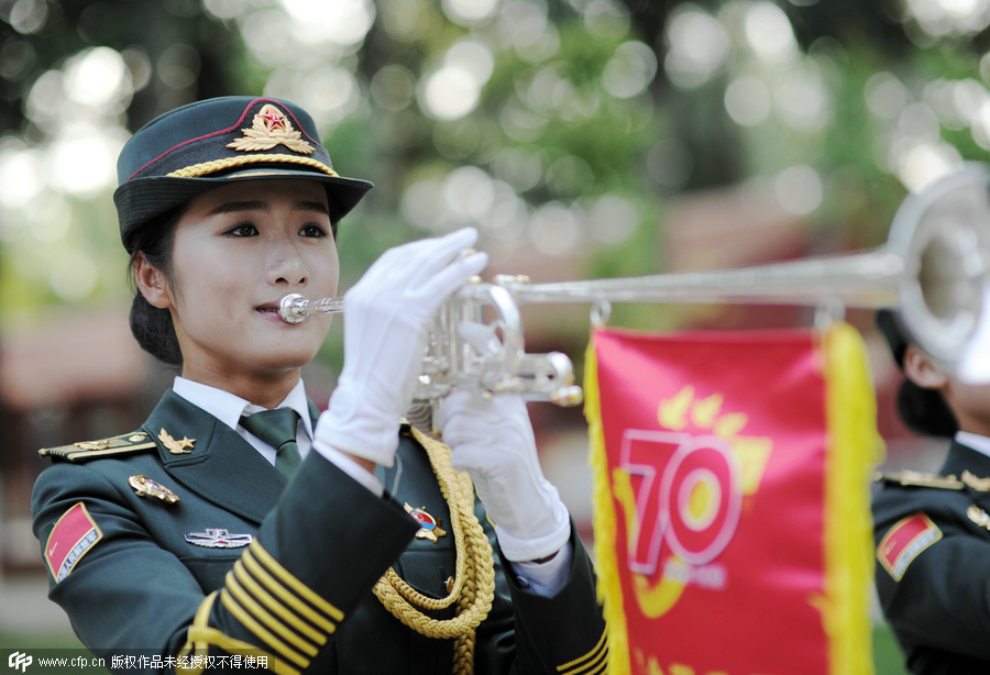 Female soldiers of military band practice for the V-Day parade