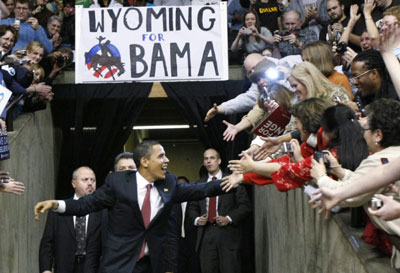 US Democratic presidential candidate and Senator Barack Obama (D-IL) greets supporters in Laramie, Wyoming March 7, 2008. Obama on Monday flatly rejected suggestions he would be a vice presidential running mate for Senator Hillary Clinton. [Agencies]