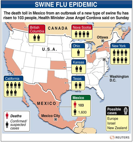 Map of Mexico and North America reporting cases of swine flu