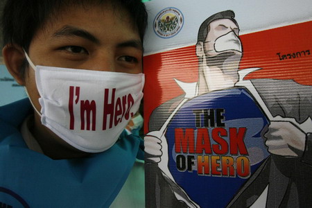 Spideman wears mask in flu-hit Bangkok