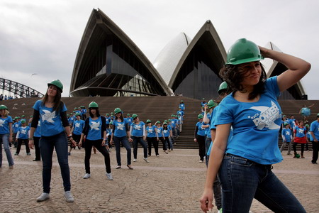 Young Australians celebrate on the steps of the Sydney Opera House