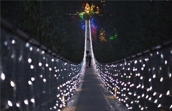 Suspension Bridge decorated in Christmas lights