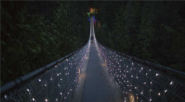 Suspension Bridge decorated in Christmas lights