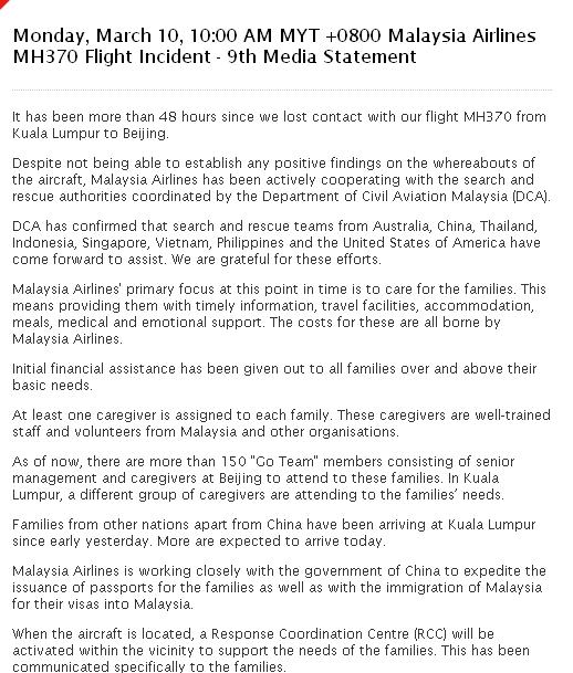 Live report on Malaysia Airlines flight MH370