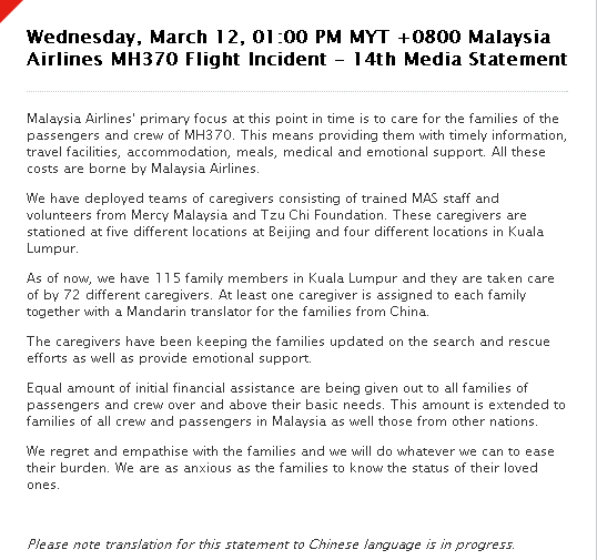 Live report on Malaysia Airlines flight MH370