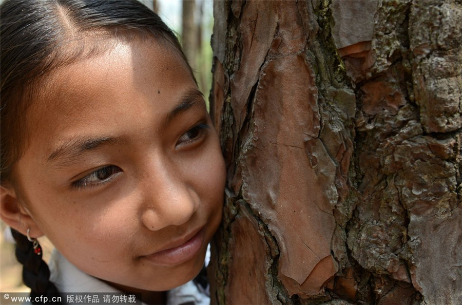 Nepalese students hug trees in world record bid