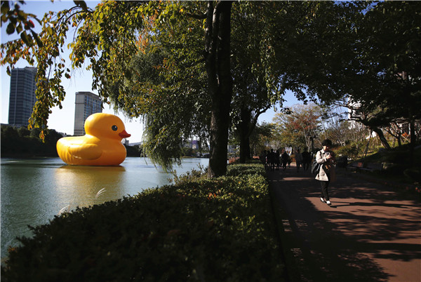 Giant Rubber Duck sails into Seoul