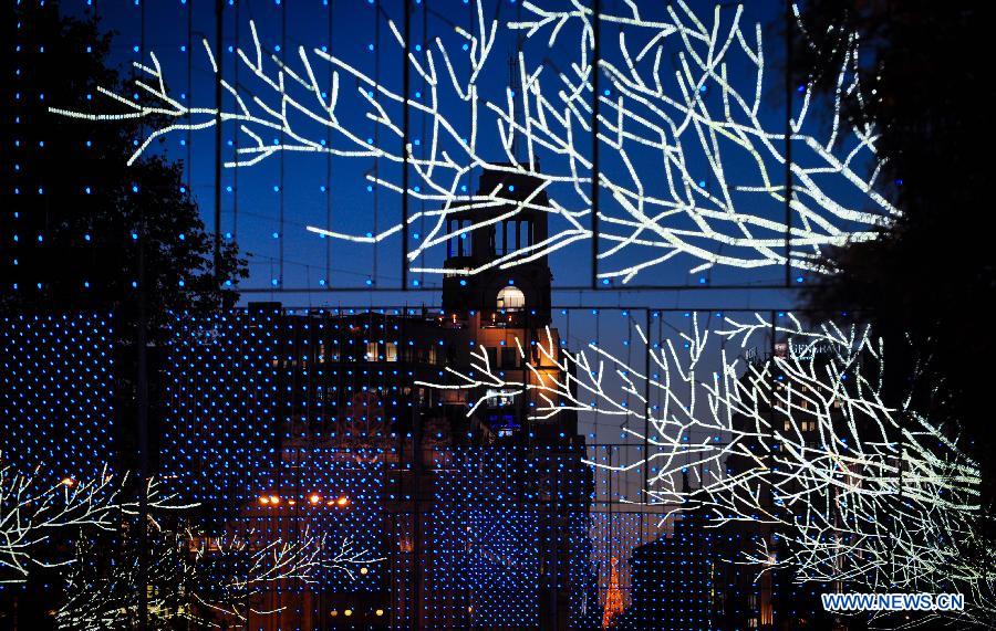 Street illuminated by Christmas lights in Madrid