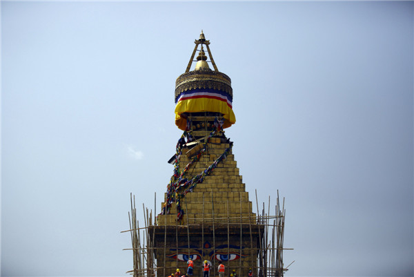 Restoration work begins in Nepal's Boudhanath Stupa