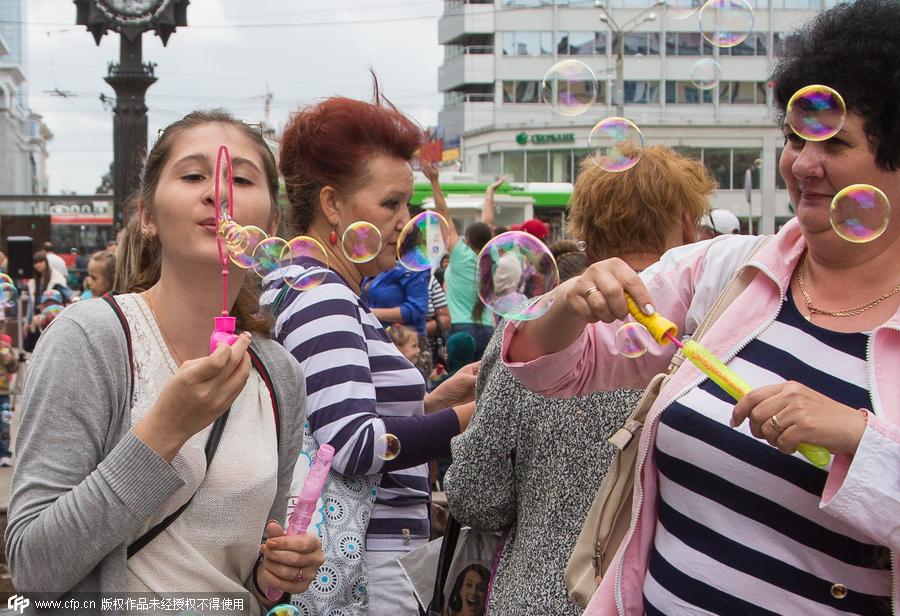 Have fun in bubble parade in Kazan, Russia