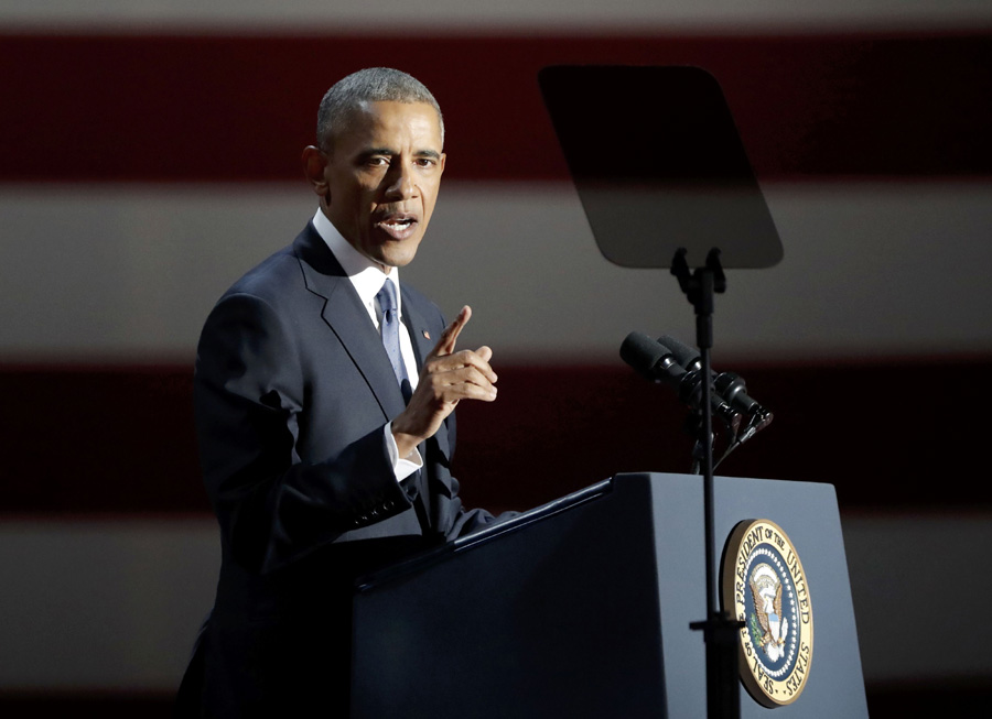 In final address, Obama touts values and prods Trump