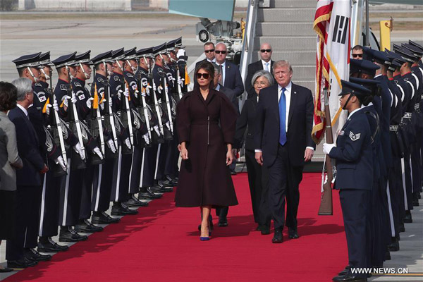 S.Korean President Moon greets Trump in US military base