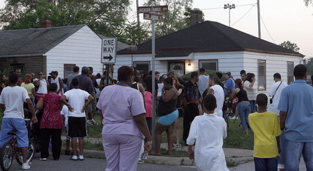 Crowds gather in front of Jackson's childhood home